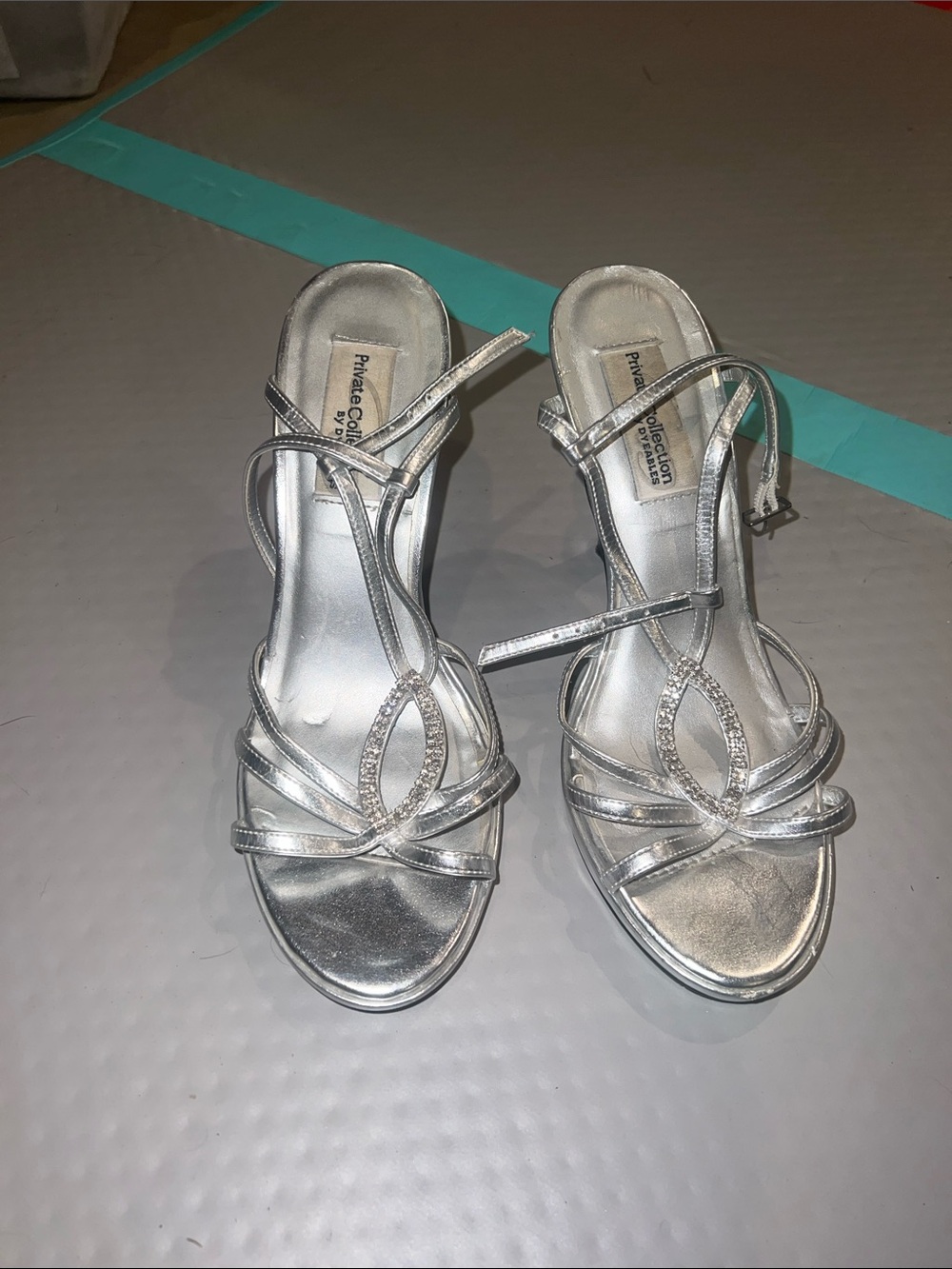 Private Collection Silver Crystal-Accent Strappy Heels